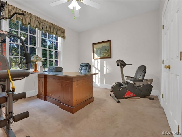 carpeted home office featuring ceiling fan