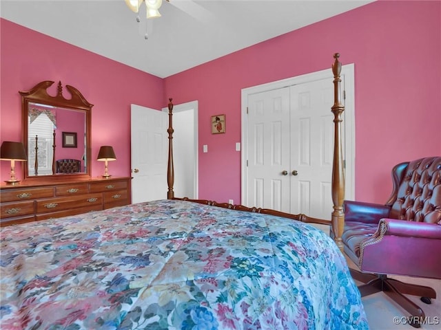 bedroom with ceiling fan and a closet