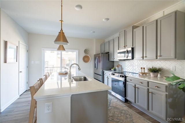 kitchen featuring appliances with stainless steel finishes, tasteful backsplash, a kitchen island with sink, and sink