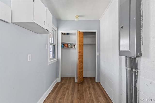 interior space featuring electric panel and dark wood-type flooring