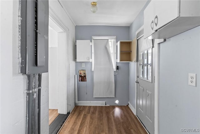 entryway with dark hardwood / wood-style flooring and electric panel