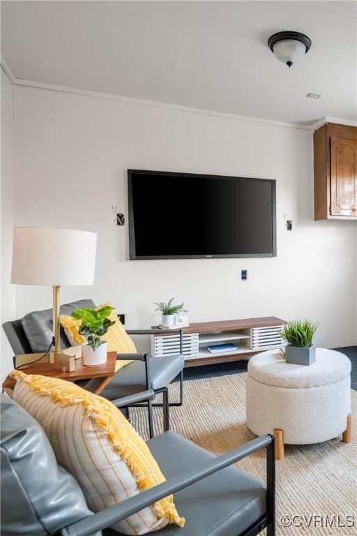 living room with ornamental molding