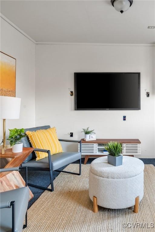 living room featuring crown molding