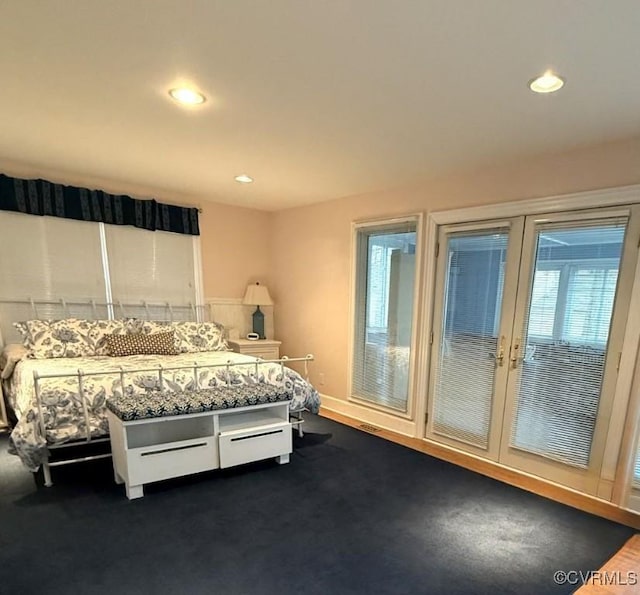 bedroom featuring baseboards, dark colored carpet, french doors, and recessed lighting