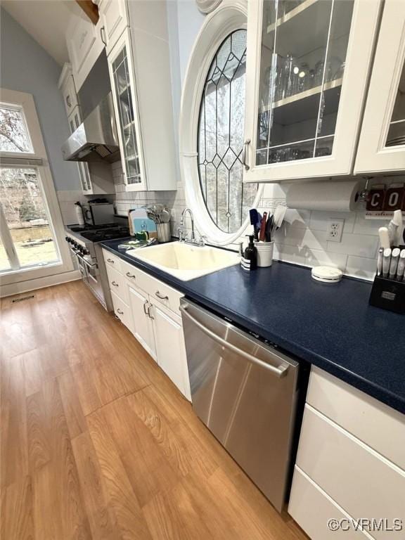 kitchen featuring light wood-style flooring, appliances with stainless steel finishes, extractor fan, white cabinetry, and a sink