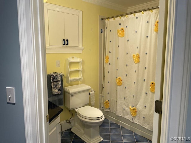 full bathroom with toilet, ornamental molding, and tile patterned floors