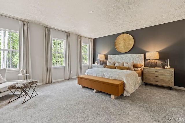 bedroom featuring carpet floors, multiple windows, and a textured ceiling