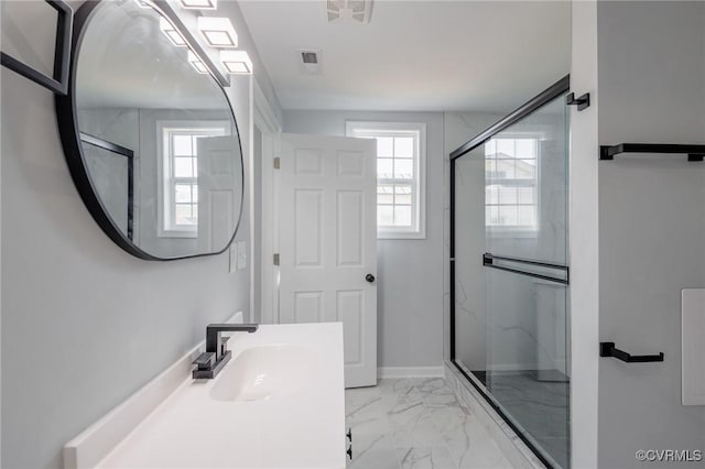 full bathroom with a marble finish shower, visible vents, baseboards, marble finish floor, and vanity