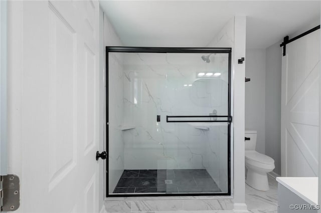 full bath featuring a marble finish shower, toilet, and marble finish floor