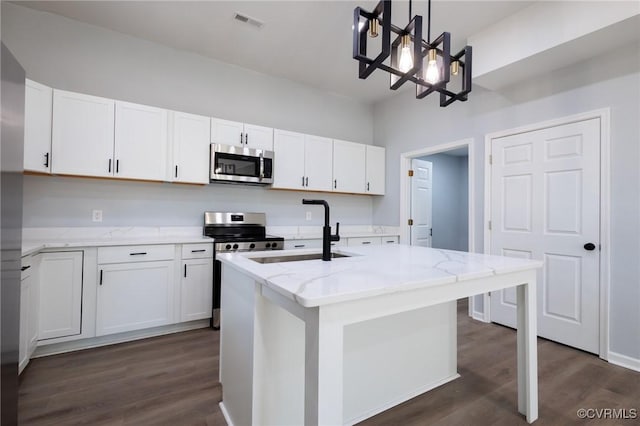 kitchen featuring visible vents, a sink, stainless steel appliances, white cabinets, and light stone countertops