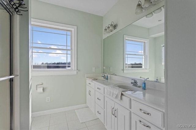 bathroom with a healthy amount of sunlight, tile patterned flooring, and vanity