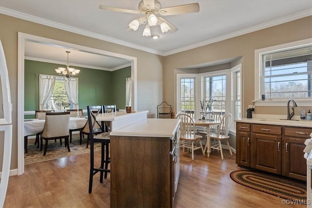 kitchen with a wealth of natural light, decorative light fixtures, sink, a center island, and light hardwood / wood-style flooring