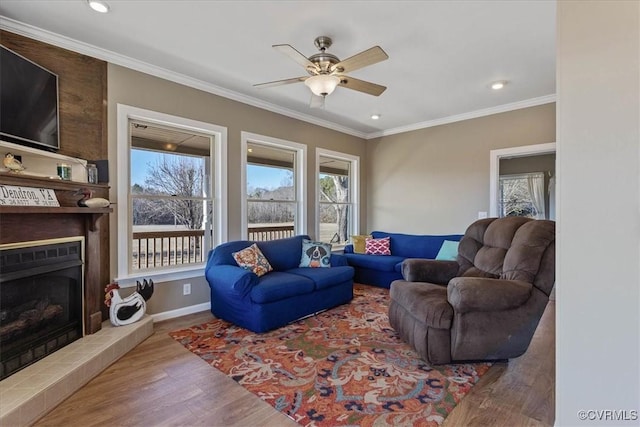 living room featuring wood-type flooring, ornamental molding, and ceiling fan