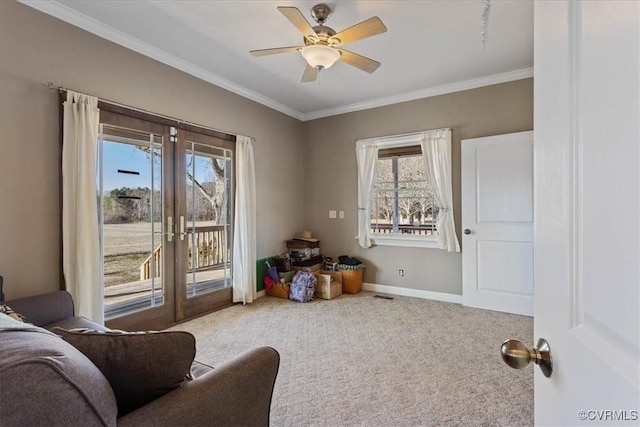 game room with french doors, ceiling fan, carpet, and a wealth of natural light