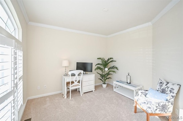 carpeted home office with crown molding