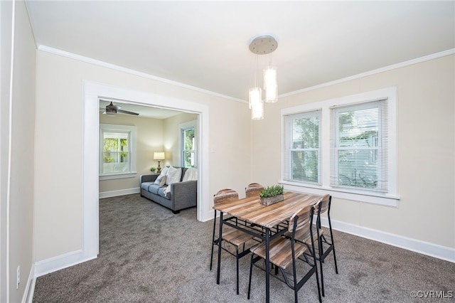 carpeted dining space featuring ceiling fan, crown molding, and a healthy amount of sunlight