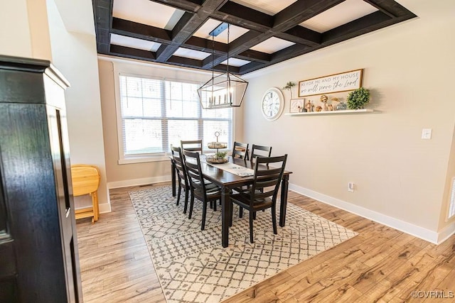 dining space featuring coffered ceiling, light wood-type flooring, beamed ceiling, and a notable chandelier