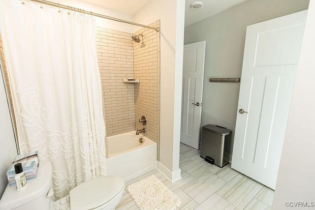 bathroom featuring toilet and shower / tub combo with curtain