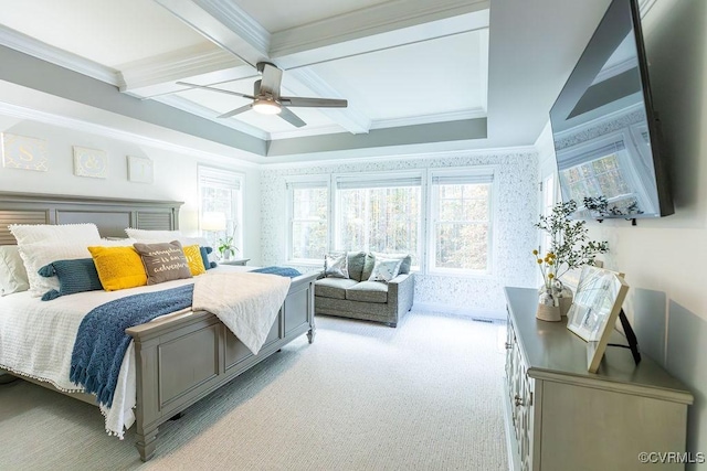 bedroom featuring beamed ceiling, crown molding, coffered ceiling, light colored carpet, and ceiling fan