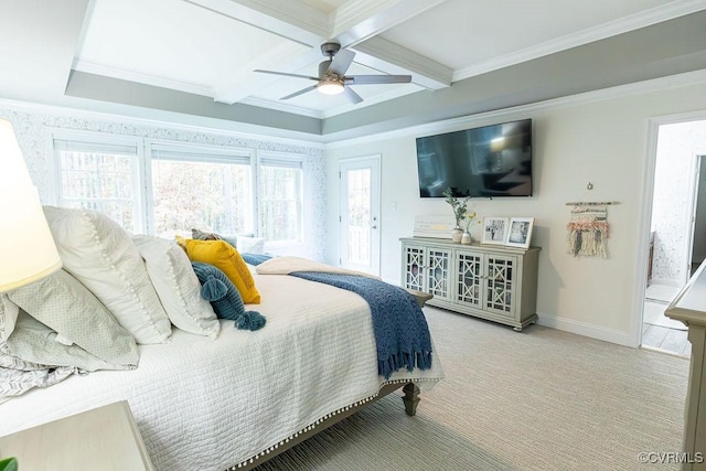 carpeted bedroom with coffered ceiling, beamed ceiling, ceiling fan, and ornamental molding