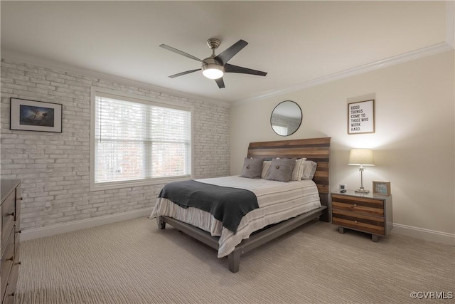 bedroom featuring brick wall, ornamental molding, and light carpet