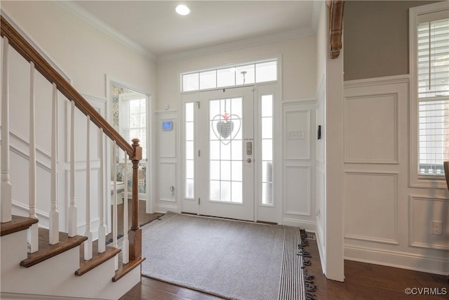 12618 Capernwray Ter, Chesterfield, VA 23838 - foyer with a decorative wall, stairway, crown molding, dark wood finished floors, and wainscoting
