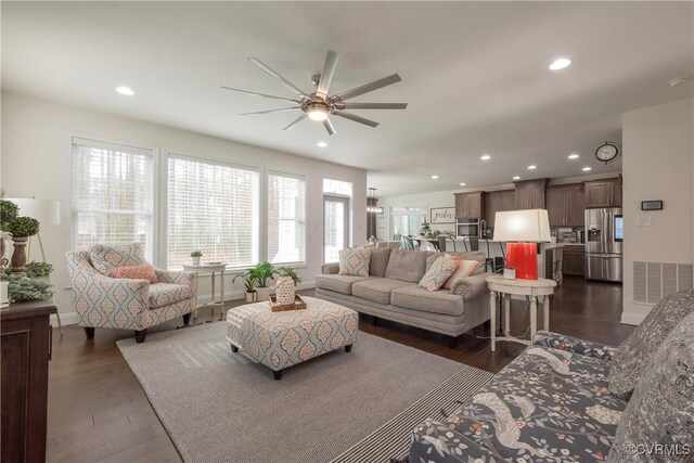 12618 Capernwray Ter, Chesterfield, VA 23838 - living room featuring a ceiling fan, dark wood-style flooring, recessed lighting, and baseboards