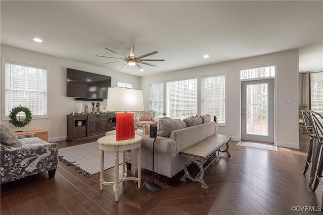 12618 Capernwray Ter, Chesterfield, VA 23838 - living area featuring recessed lighting, dark wood-type flooring, baseboards, and a ceiling fan