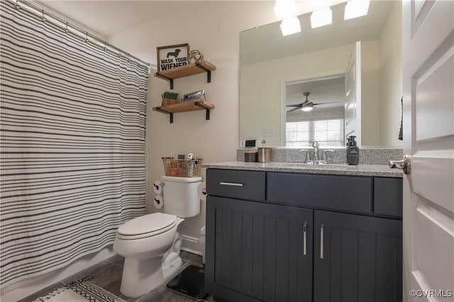 bathroom with vanity, ceiling fan, and toilet