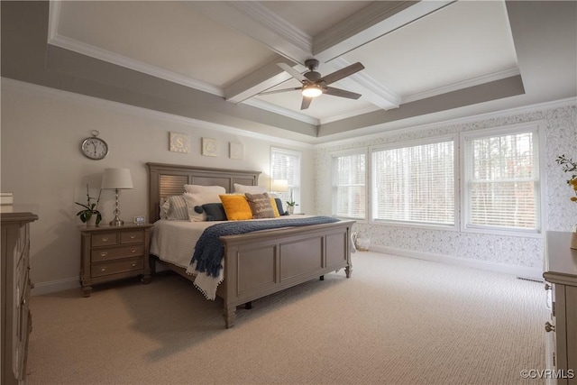 bedroom featuring coffered ceiling, light carpet, ornamental molding, ceiling fan, and beam ceiling