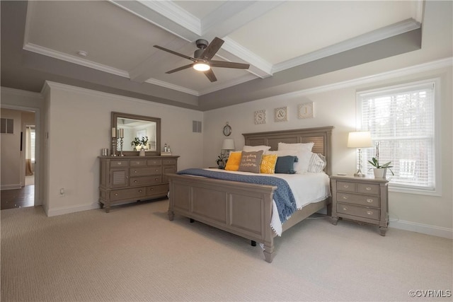 bedroom featuring beamed ceiling, ornamental molding, coffered ceiling, and light colored carpet