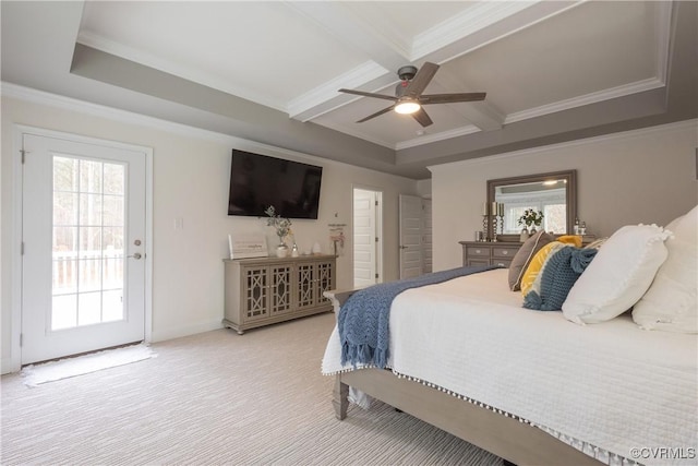 carpeted bedroom with crown molding, ceiling fan, access to exterior, coffered ceiling, and beamed ceiling