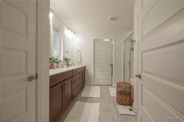 bathroom with walk in shower, vanity, and hardwood / wood-style flooring