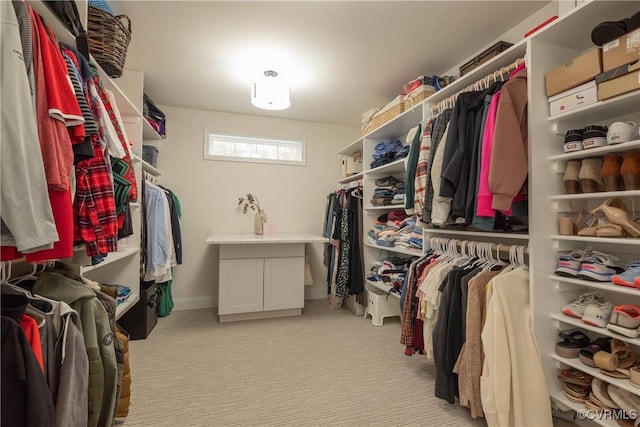 spacious closet featuring light colored carpet