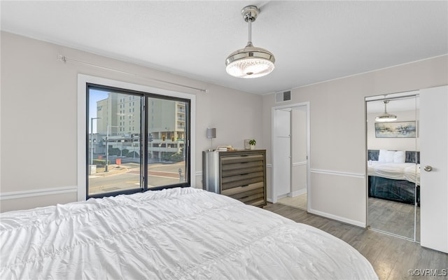 bedroom with a closet, multiple windows, and light wood-type flooring