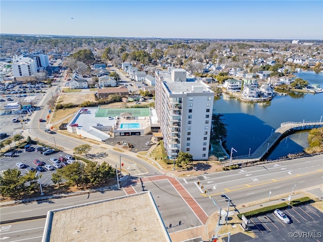 aerial view featuring a water view