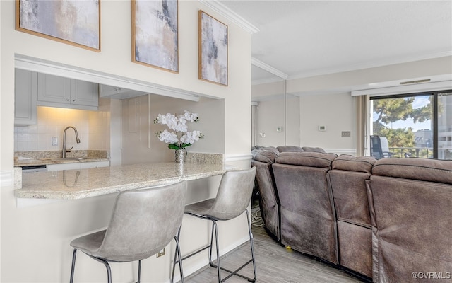 interior space with sink, light hardwood / wood-style floors, and crown molding