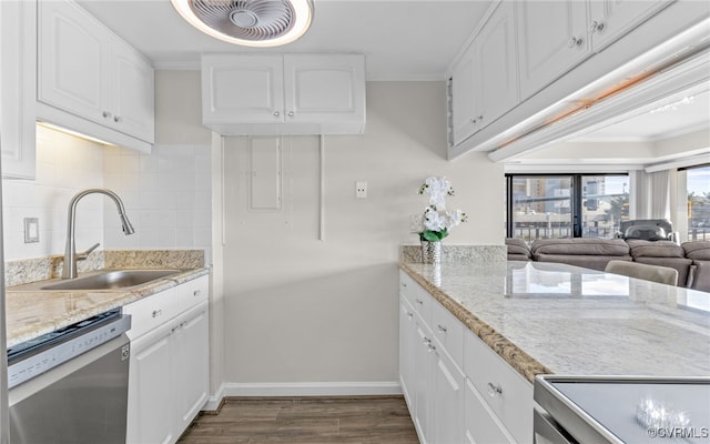 kitchen with sink, stainless steel dishwasher, backsplash, and white cabinetry