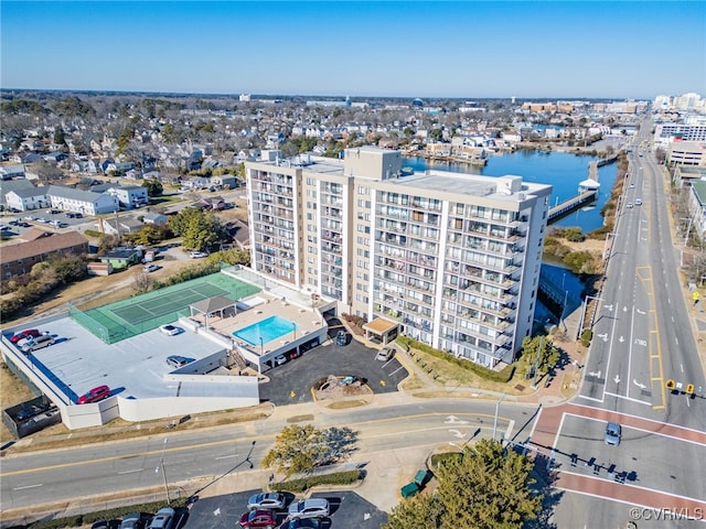 drone / aerial view featuring a water view