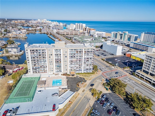 aerial view featuring a water view