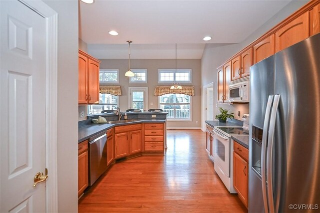 kitchen with kitchen peninsula, light hardwood / wood-style flooring, hanging light fixtures, stainless steel appliances, and sink