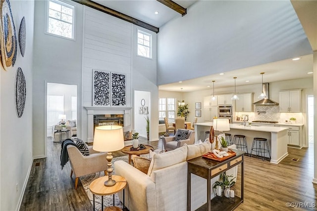 living room with a towering ceiling, hardwood / wood-style floors, and plenty of natural light