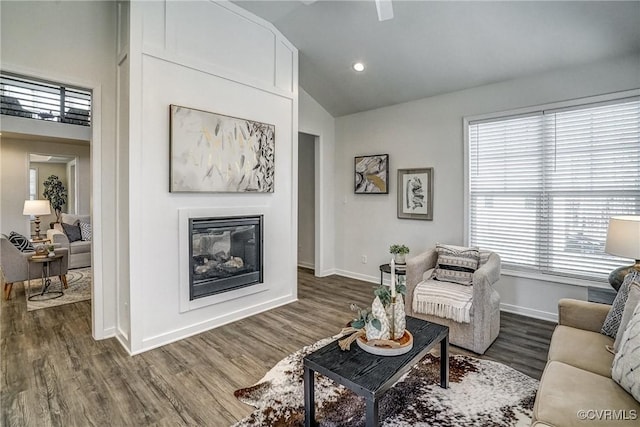 living room featuring dark hardwood / wood-style flooring and lofted ceiling