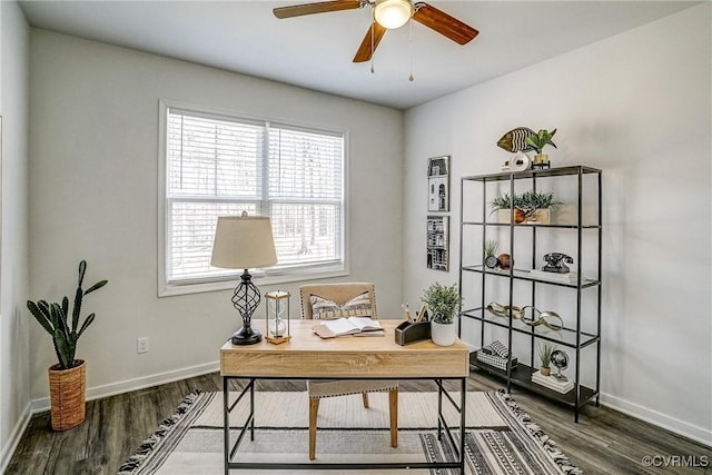 office with ceiling fan and dark wood-type flooring