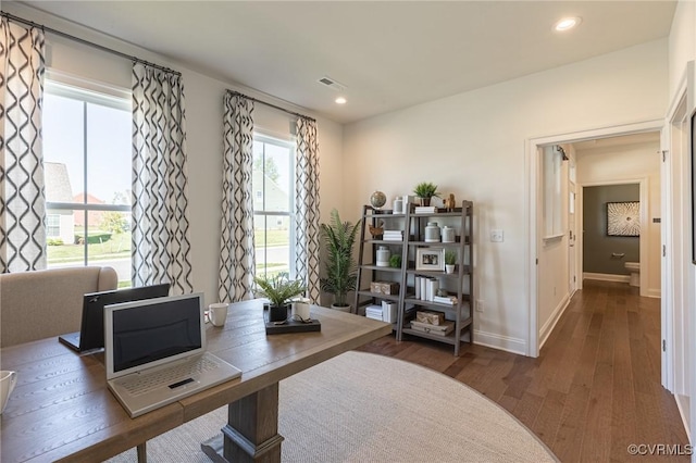 office area with dark wood-type flooring