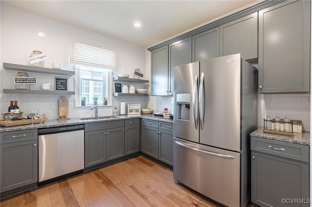 kitchen with light stone countertops, gray cabinets, backsplash, appliances with stainless steel finishes, and sink