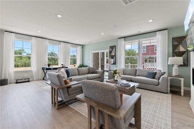 living room with light hardwood / wood-style flooring and a healthy amount of sunlight