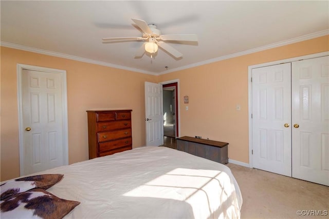 bedroom with light colored carpet, ceiling fan, and crown molding