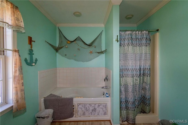 bathroom featuring separate shower and tub, crown molding, and plenty of natural light