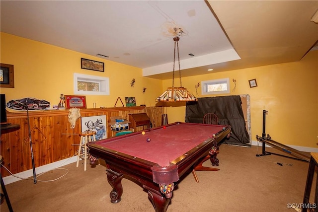 playroom featuring billiards, carpet, and a tray ceiling